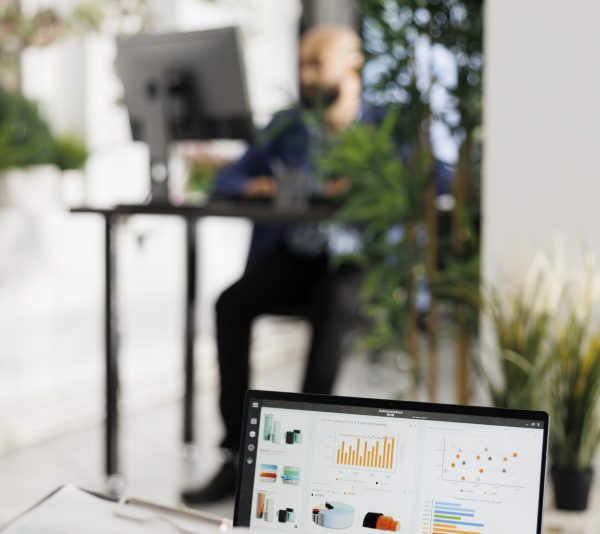 Market research statistics graphs on laptop screen in start up company business office. Employee analyzing financial performance chart and metrics on portable computer in coworking space